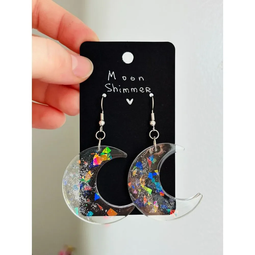 Rainbow Crescent Moon Earrings, Clear Resin Celestial Dangles with Glitter